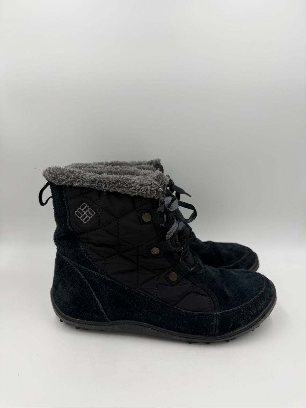 Columbia Winter Boots Black Suede Faux Fur Omni-Grip BL1593 Women’s Size 9.5 US